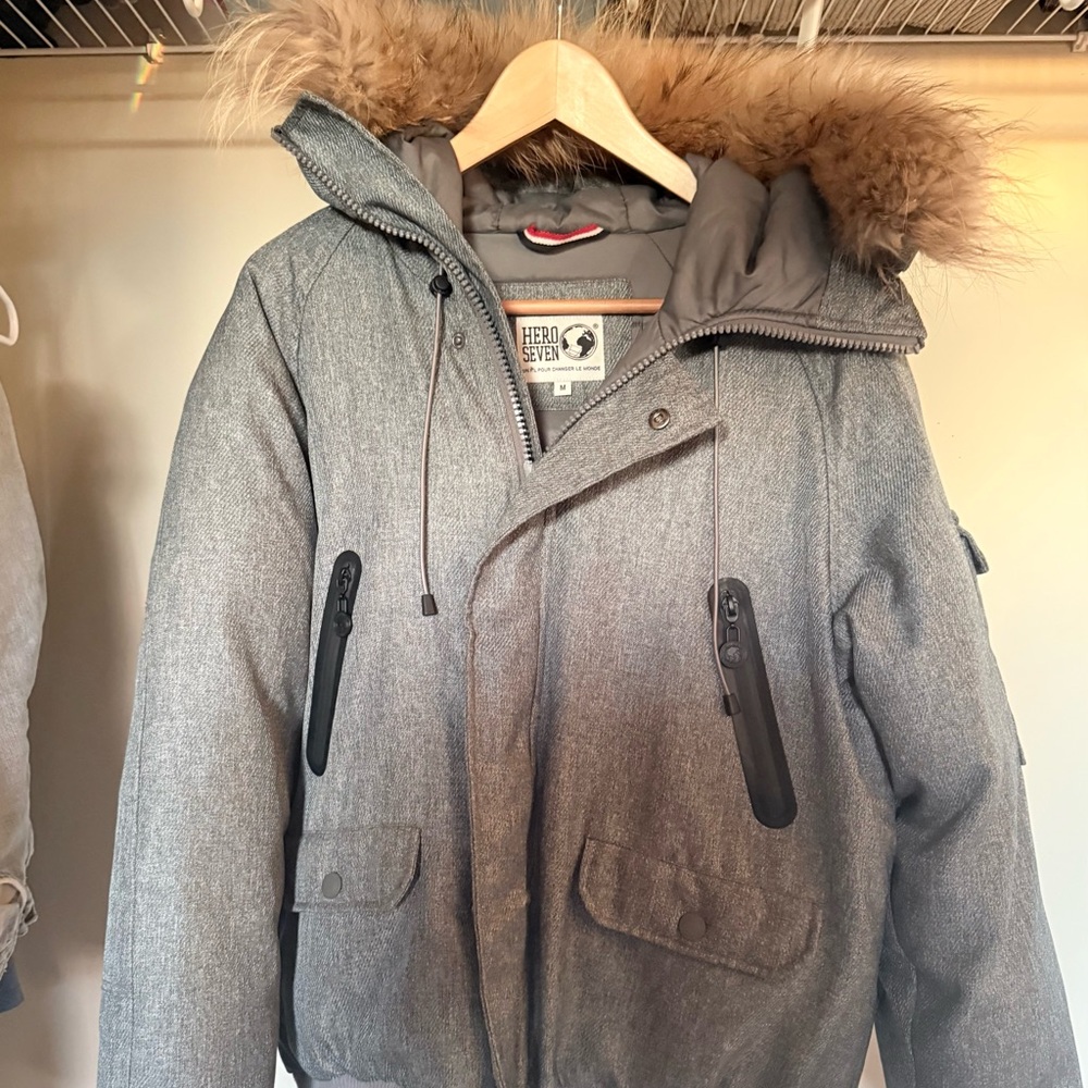 Men's Gray Mélange Parka with real fur trim